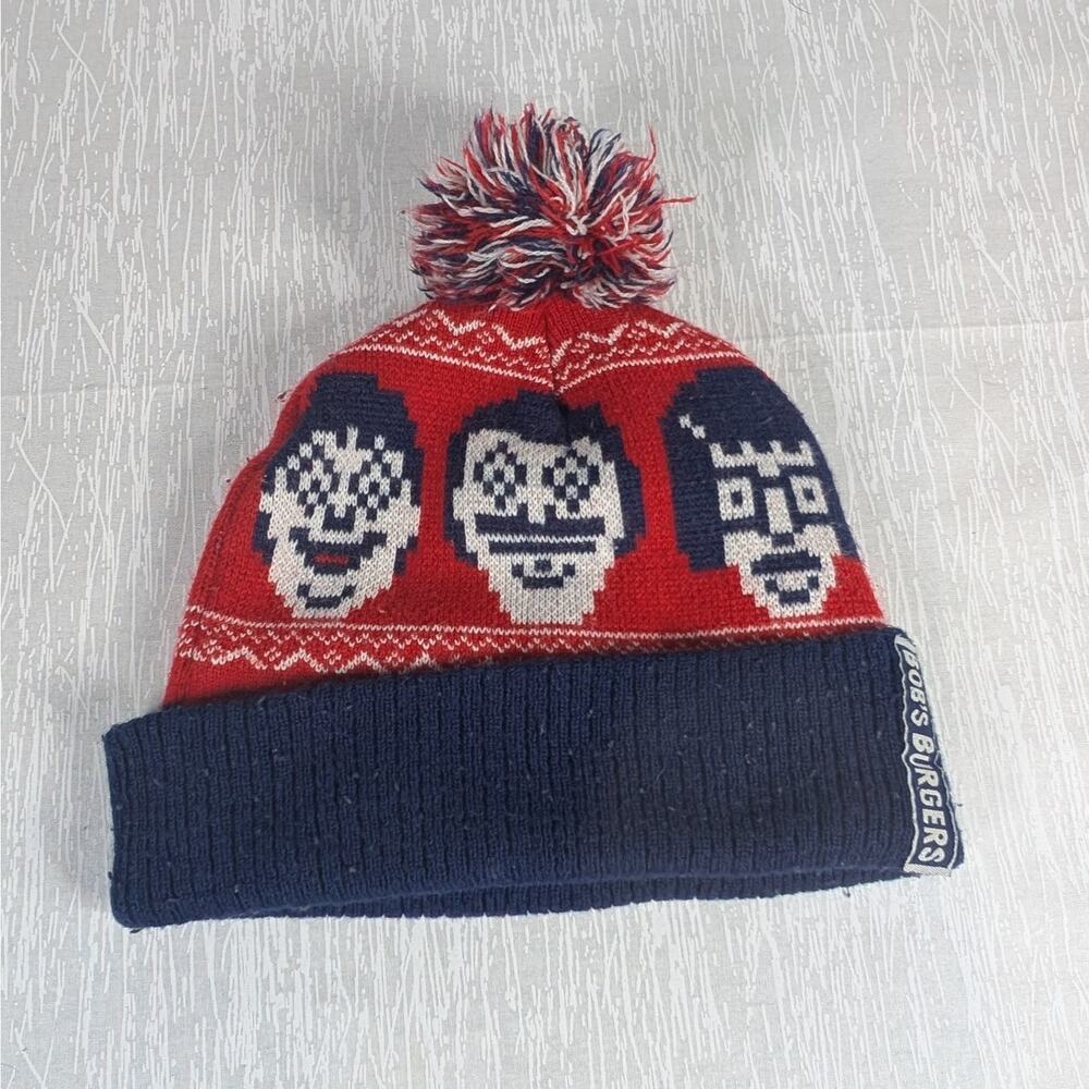 Bob's Burgers Beanie Hat One Size Knit Red Blue 8 Bit